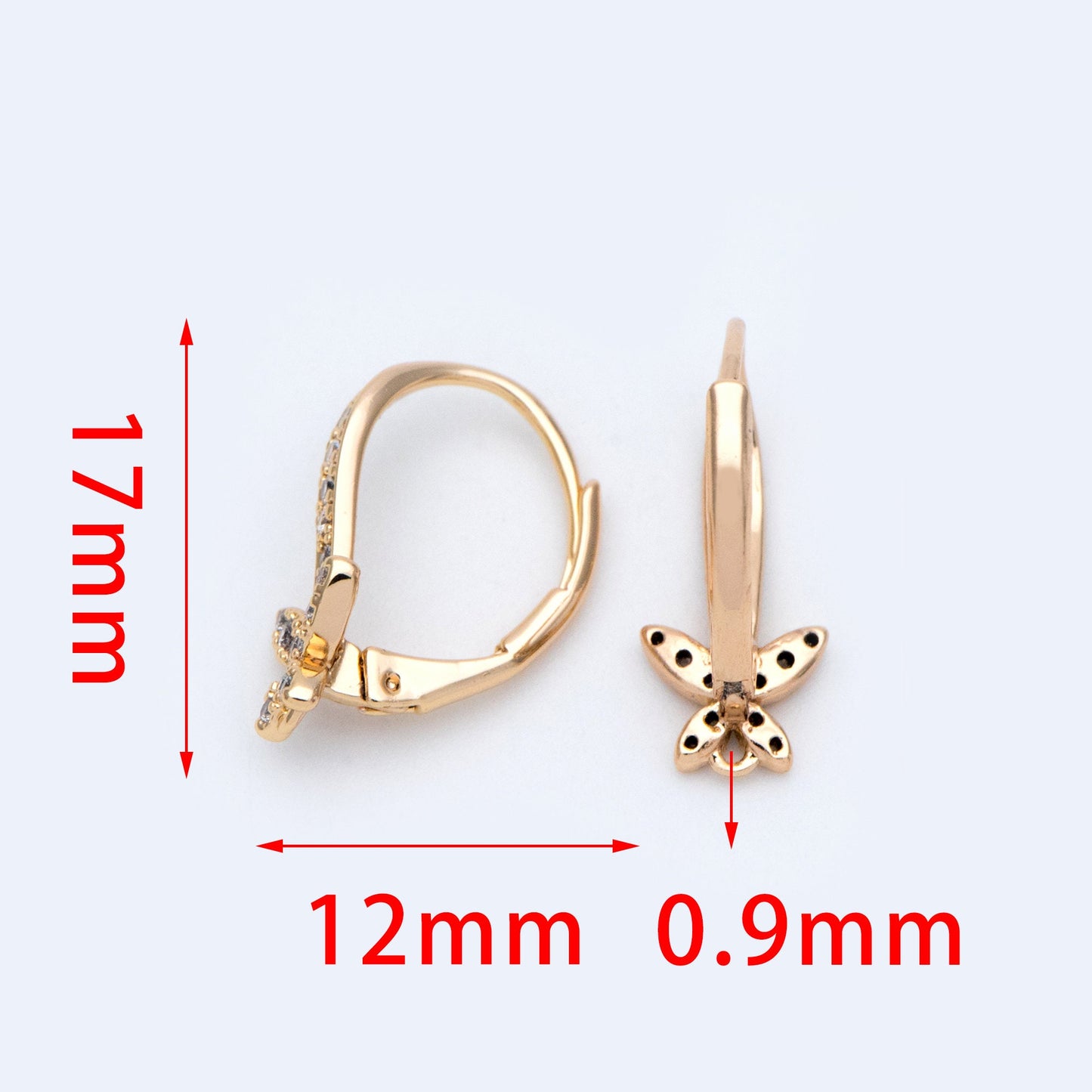 10pcs CZ Pave Butterfly Leverback Ear Hooks 17x12mm, 18K Gold plated Brass, Earring Component Hooks (GB-982)