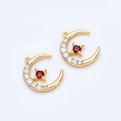 10pcs CZ Pave Moon Star Charms 14x11mm, 18K Gold plated Brass, Clear and Red (GB-832-1)