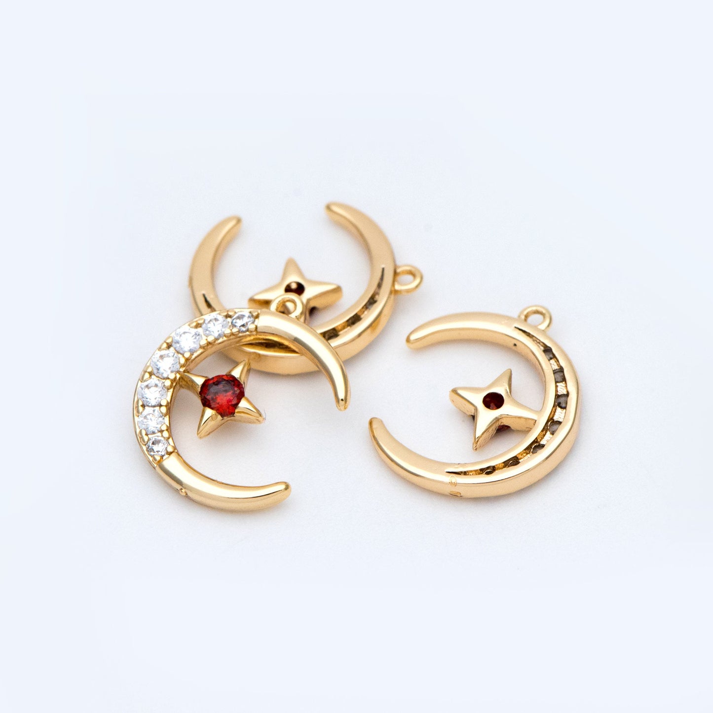 10pcs CZ Pave Moon Star Charms 14x11mm, 18K Gold plated Brass, Clear and Red (GB-832-1)