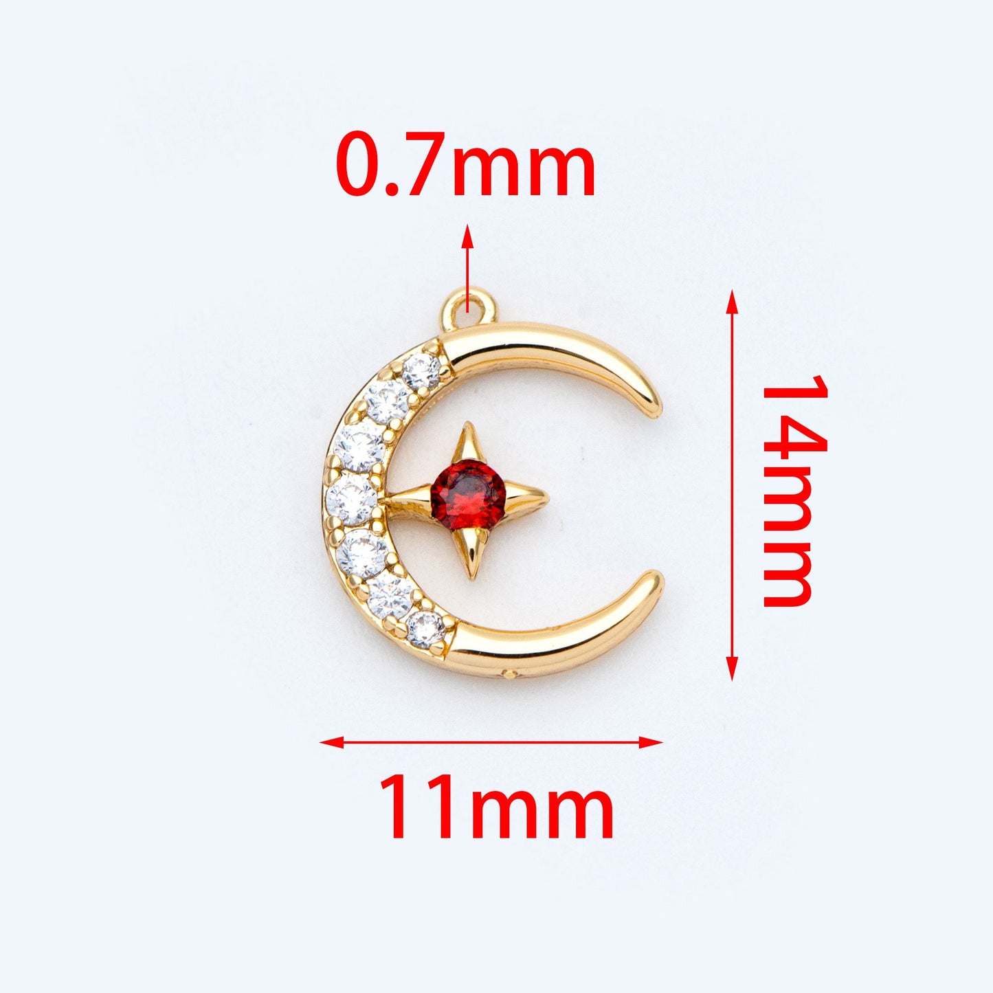 10pcs CZ Pave Moon Star Charms 14x11mm, 18K Gold plated Brass, Clear and Red (GB-832-1)