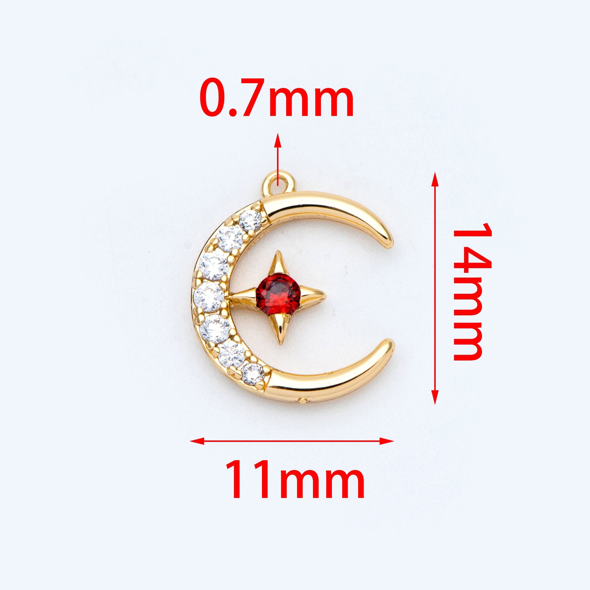10pcs CZ Pave Moon Star Charms 14x11mm, 18K Gold plated Brass, Clear and Red (GB-832-1)