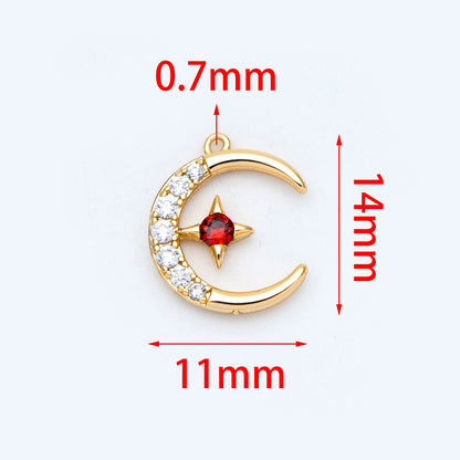 10pcs CZ Pave Moon Star Charms 14x11mm, 18K Gold plated Brass, Clear and Red (GB-832-1)