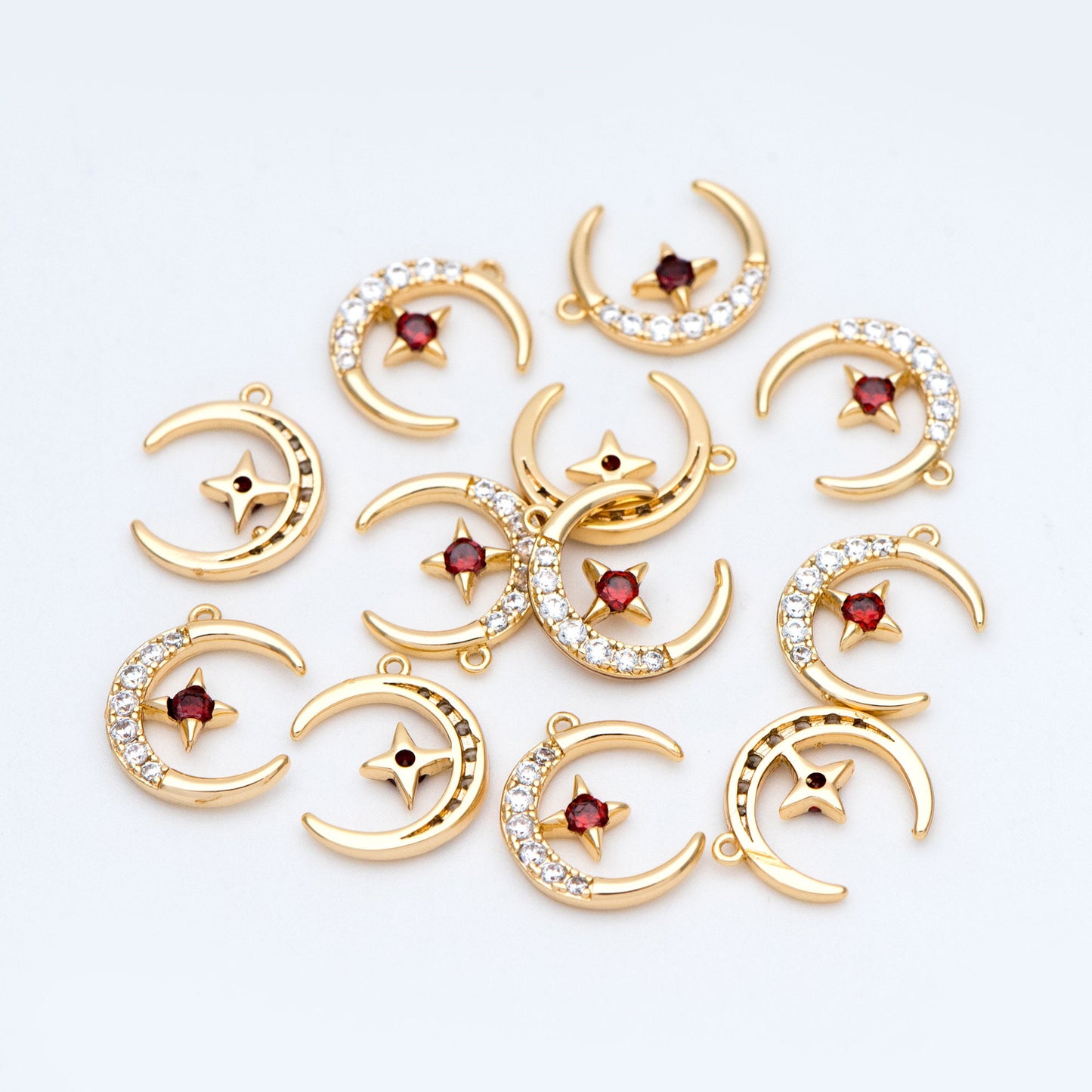 10pcs CZ Pave Moon Star Charms 14x11mm, 18K Gold plated Brass, Clear and Red (GB-832-1)