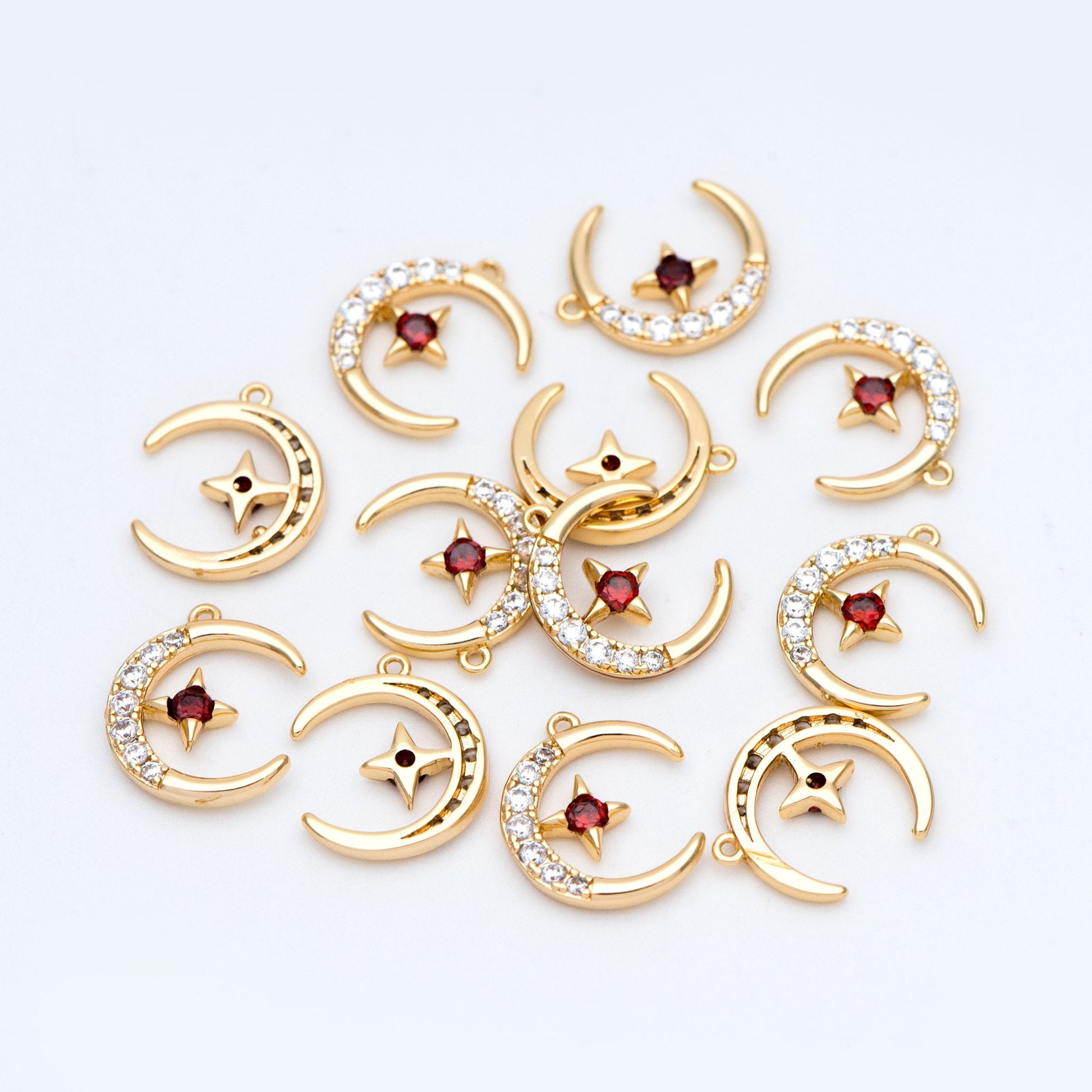 10pcs CZ Pave Moon Star Charms 14x11mm, 18K Gold plated Brass, Clear and Red (GB-832-1)