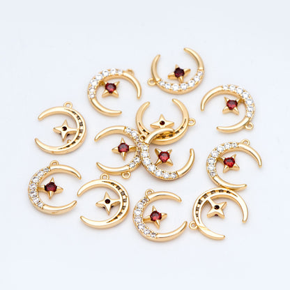 10pcs CZ Pave Moon Star Charms 14x11mm, 18K Gold plated Brass, Clear and Red (GB-832-1)