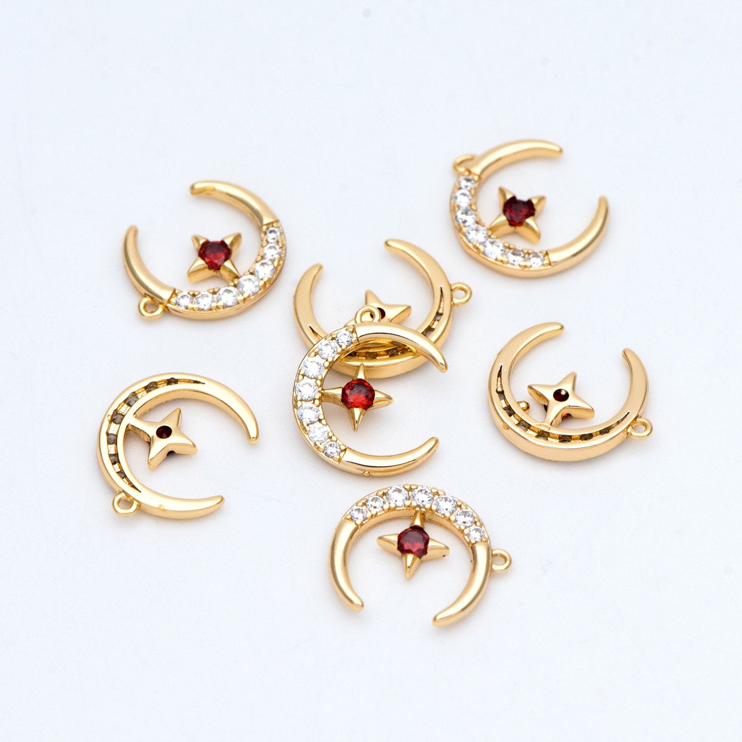 10pcs CZ Pave Moon Star Charms 14x11mm, 18K Gold plated Brass, Clear and Red (GB-832-1)