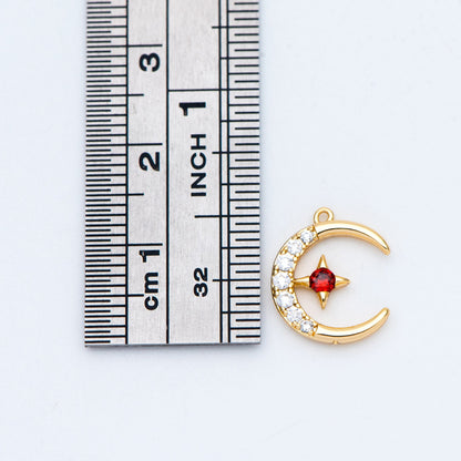 10pcs CZ Pave Moon Star Charms 14x11mm, 18K Gold plated Brass, Clear and Red (GB-832-1)