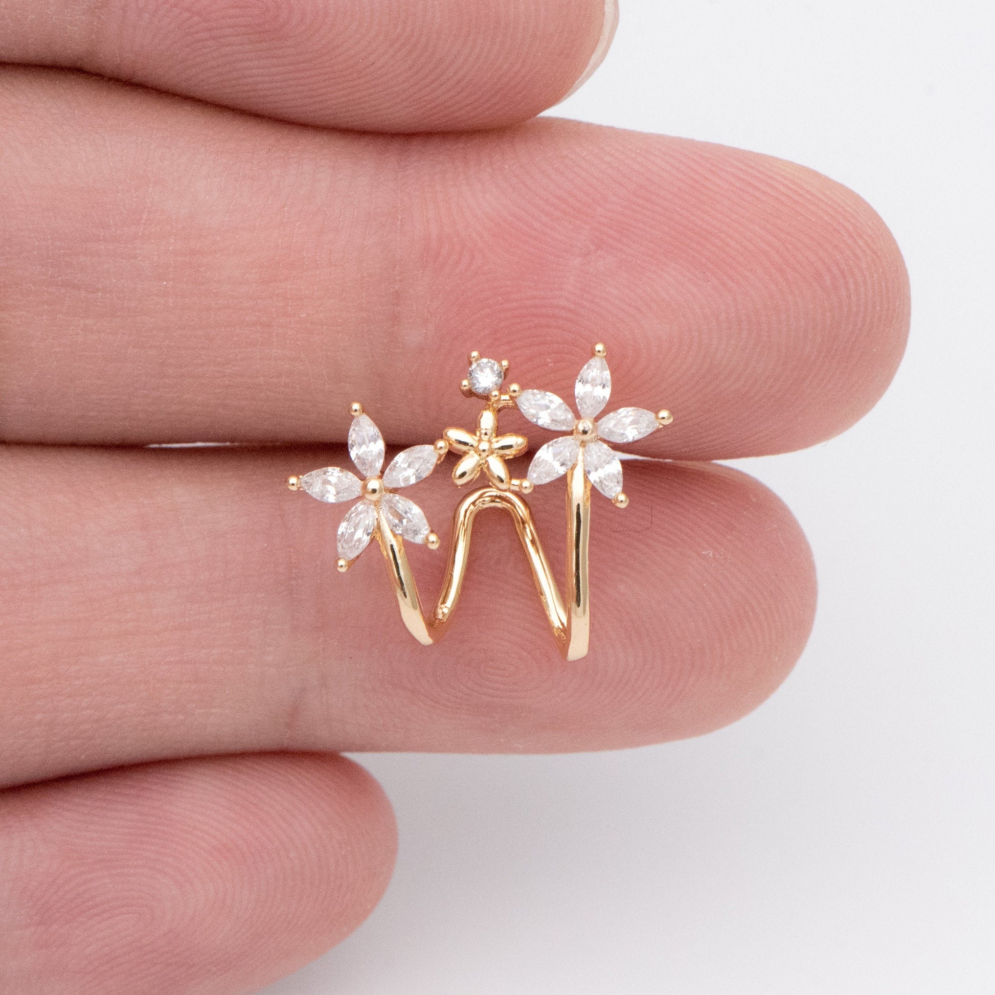 4pcs Flower Ear Cuff Studs, 18K Gold plated Brass, CZ pave Ear Climbers, Floral Ear Crawlers, Wrap Statement Earrings (#GB-773)
