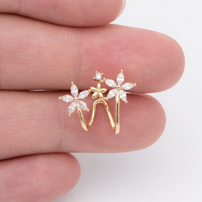 4pcs Flower Ear Cuff Studs, 18K Gold plated Brass, CZ pave Ear Climbers, Floral Ear Crawlers, Wrap Statement Earrings (#GB-773)