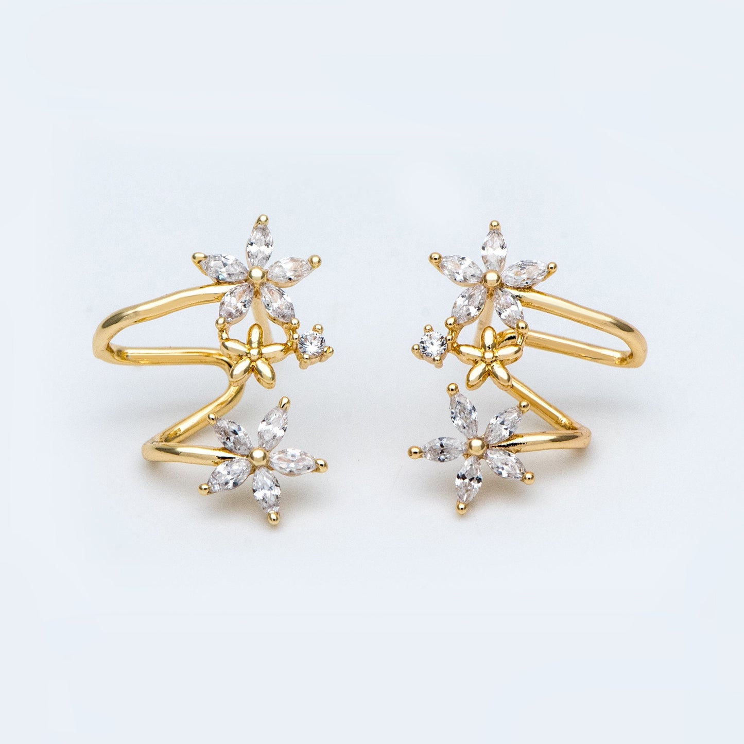 4pcs Flower Ear Cuff Studs, 18K Gold plated Brass, CZ pave Ear Climbers, Floral Ear Crawlers, Wrap Statement Earrings (#GB-773)