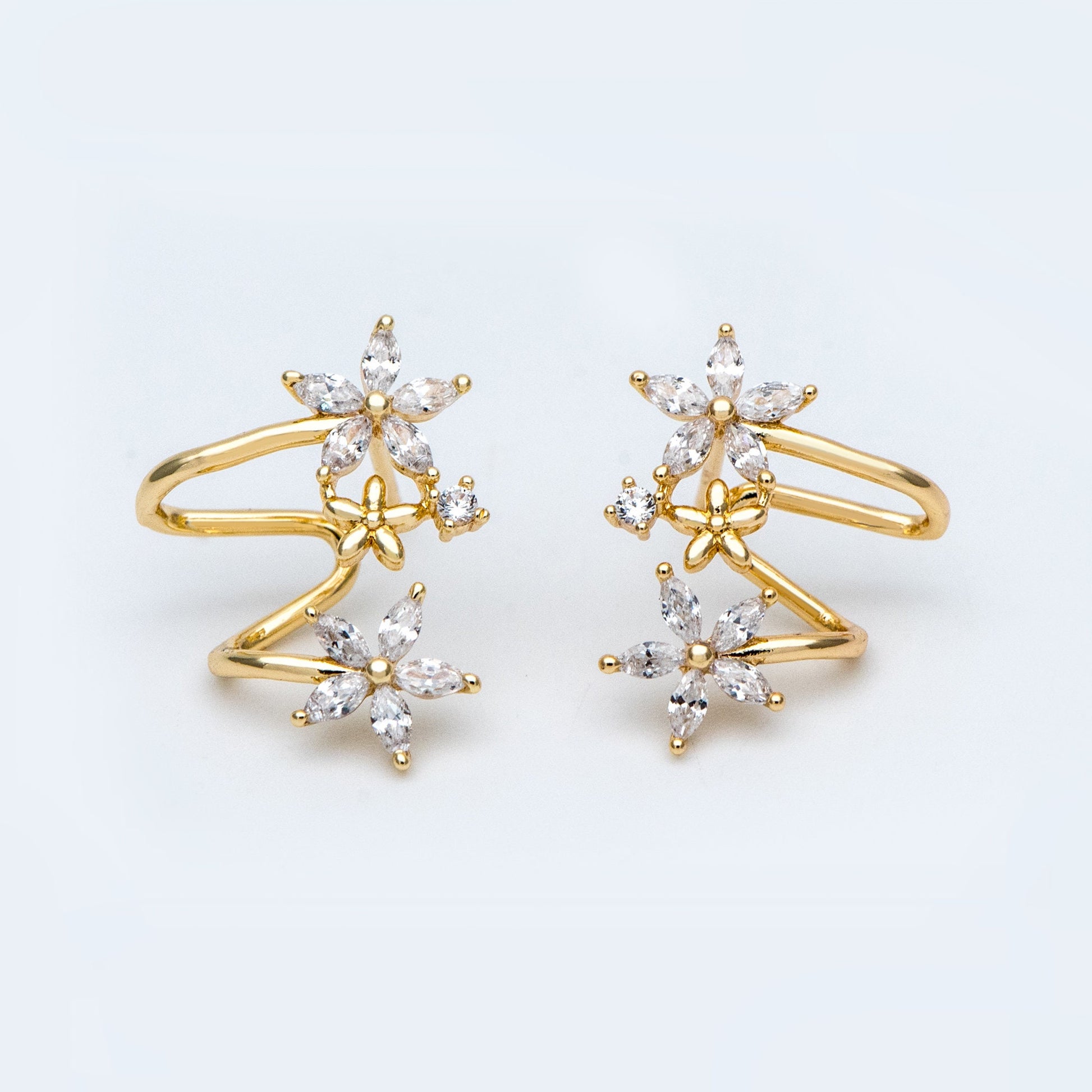 4pcs Flower Ear Cuff Studs, 18K Gold plated Brass, CZ pave Ear Climbers, Floral Ear Crawlers, Wrap Statement Earrings (#GB-773)