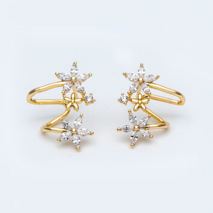 4pcs Flower Ear Cuff Studs, 18K Gold plated Brass, CZ pave Ear Climbers, Floral Ear Crawlers, Wrap Statement Earrings (#GB-773)