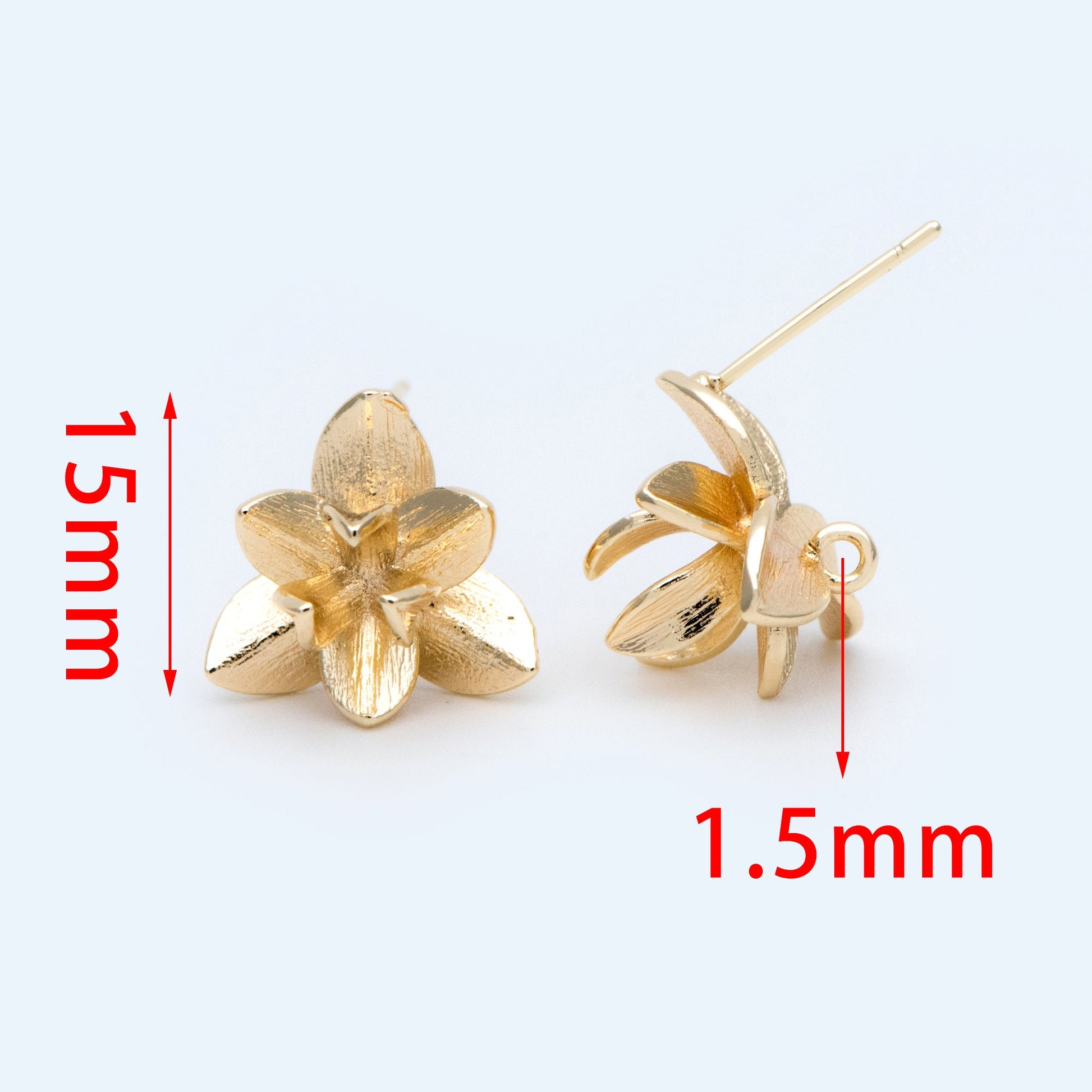 10pcs Gold/ Silver Tone Flower Ear Post with Loop, 15mm, 18K Gold/ Rhodium Plated Brass, Foral Stud Earrings (GB-984)