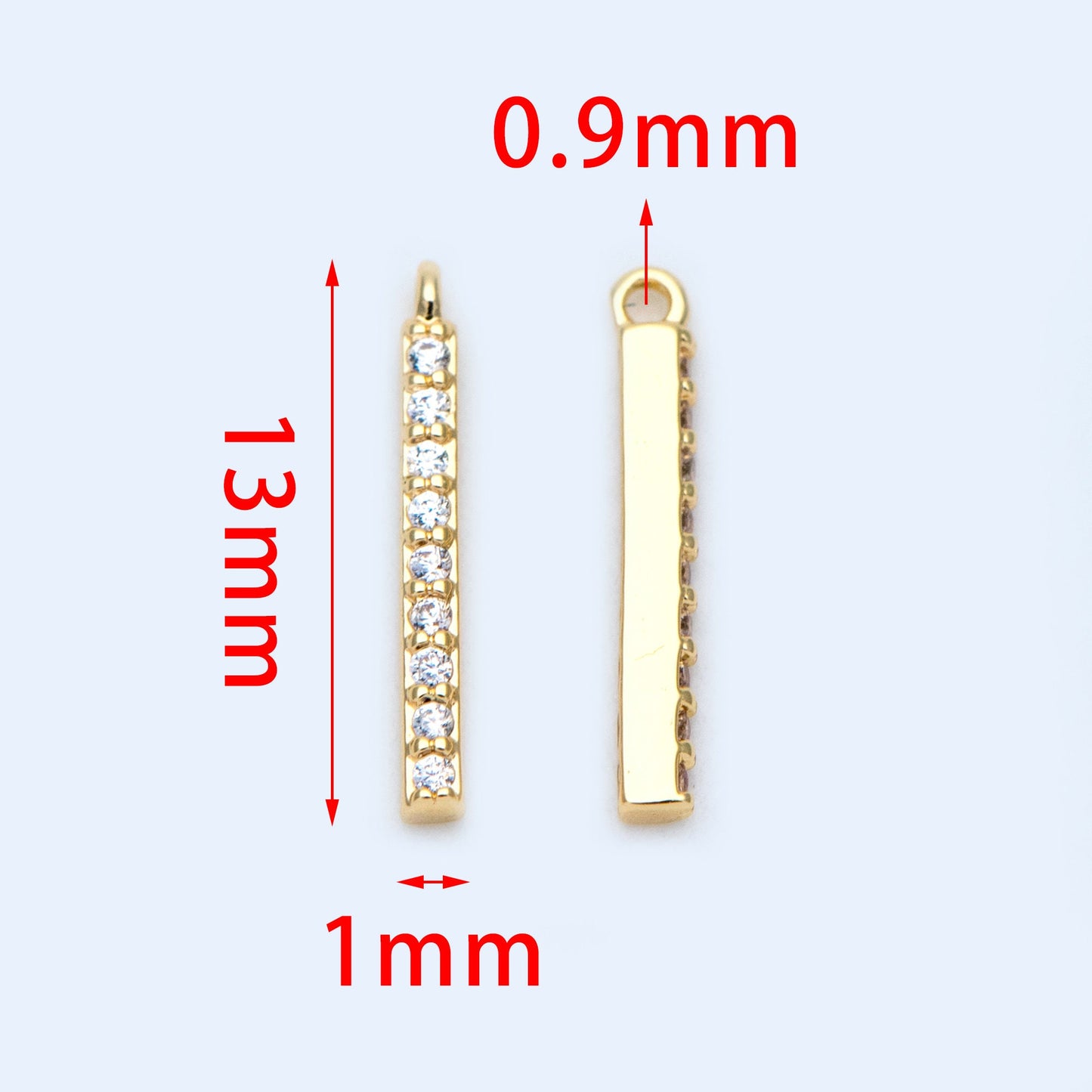 10pcs CZ Pave Gold/ Silver/ Rose Gold Bar Charms 13mm, Real Gold plated Brass, Cubic Zirconia Stick Charms (GB-996)