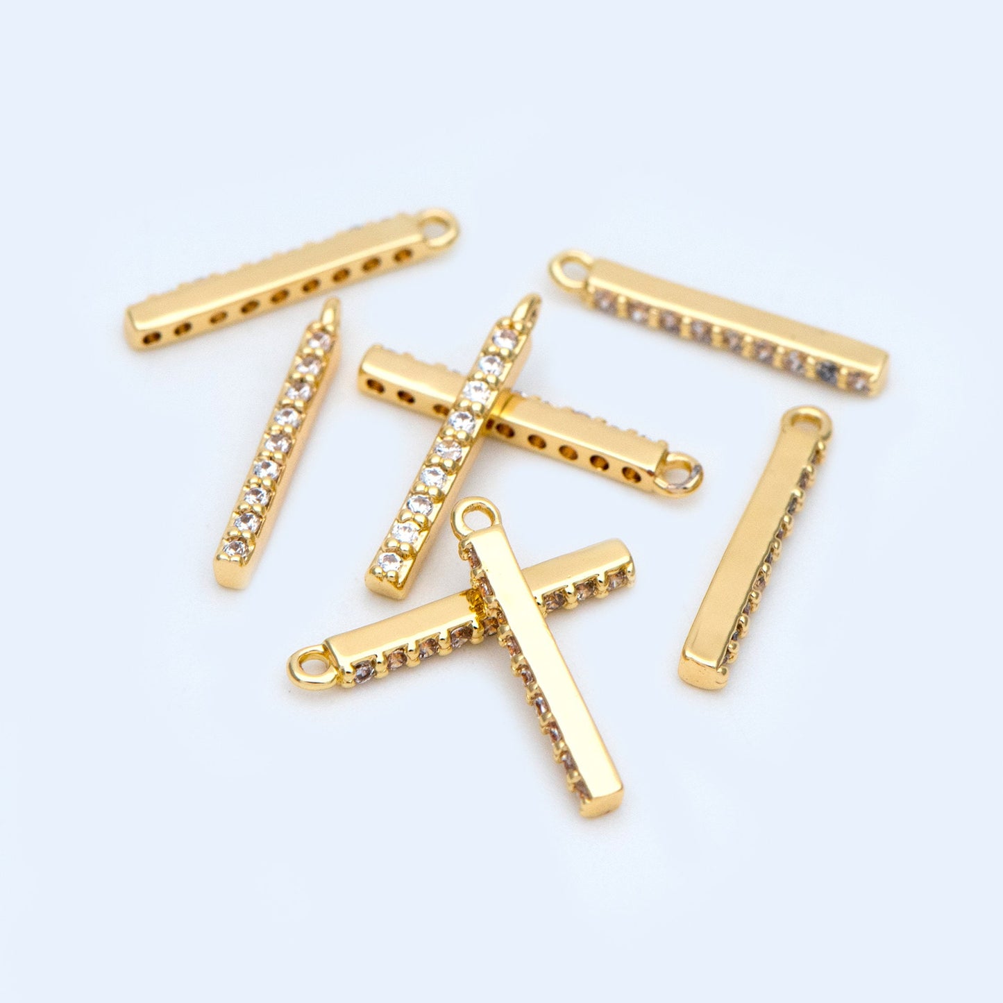 10pcs CZ Pave Gold/ Silver/ Rose Gold Bar Charms 13mm, Real Gold plated Brass, Cubic Zirconia Stick Charms (GB-996)