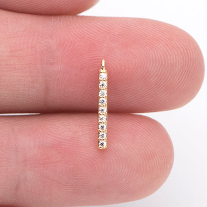 10pcs CZ Pave Gold/ Silver/ Rose Gold Bar Charms 13mm, Real Gold plated Brass, Cubic Zirconia Stick Charms (GB-996)