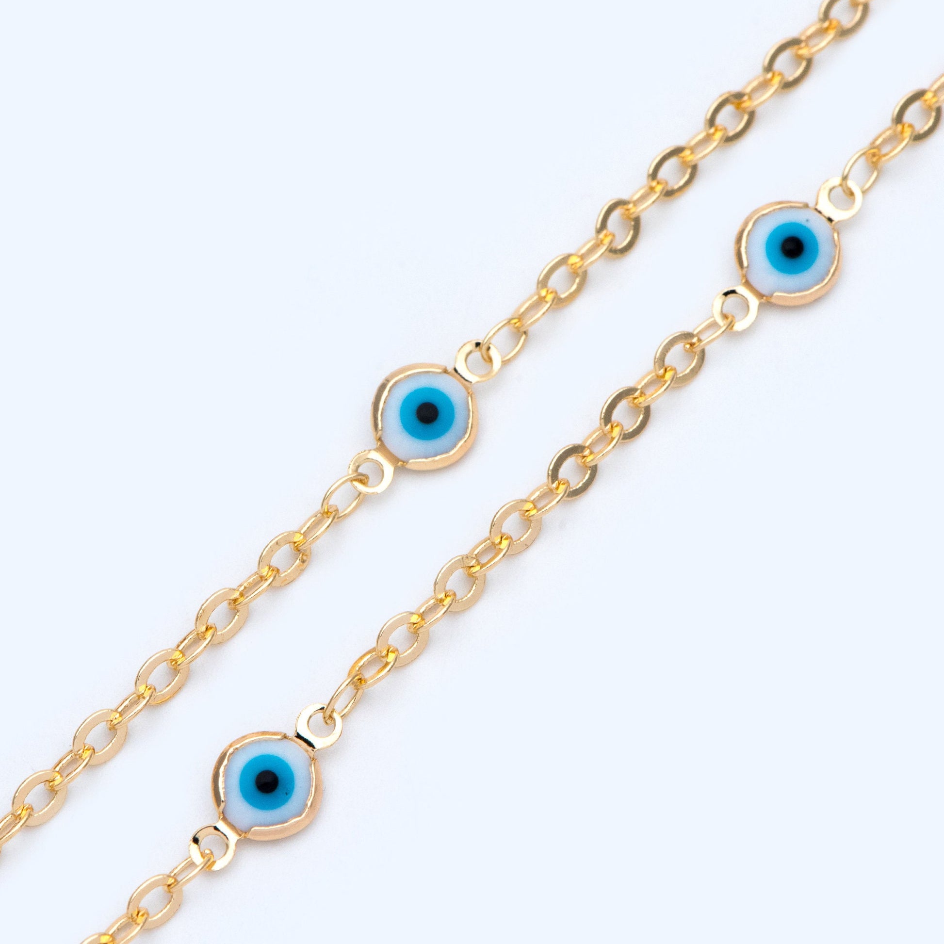 Gold plated Brass Crystal Beaded Chains, 7mm Round Coin Glass Beads, Evil Eye Chains (#LK-337)/ 1 Meter=3.3 ft