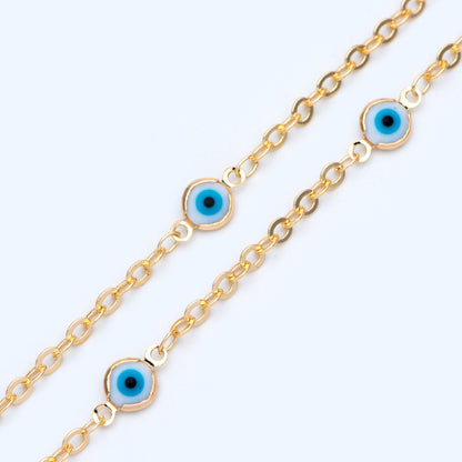Gold plated Brass Crystal Beaded Chains, 7mm Round Coin Glass Beads, Evil Eye Chains (#LK-337)/ 1 Meter=3.3 ft