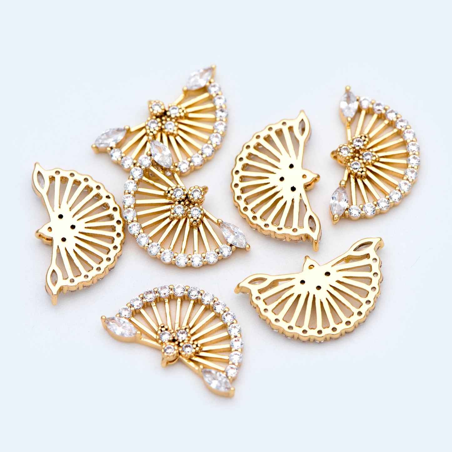 10pcs CZ Pave Gold Fan Shaped Charm 17x10mm, 18K Gold plated on Brass (GB-853)