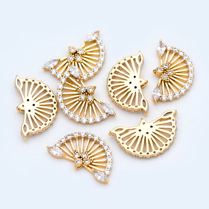 10pcs CZ Pave Gold Fan Shaped Charm 17x10mm, 18K Gold plated on Brass (GB-853)