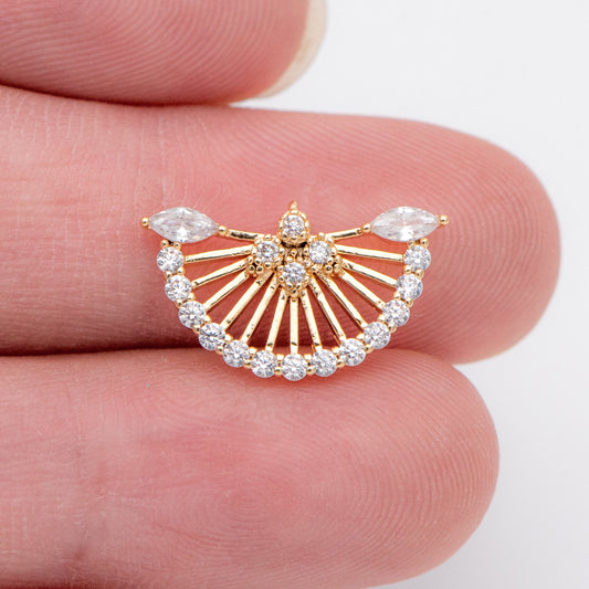 10pcs CZ Pave Gold Fan Shaped Charm 17x10mm, 18K Gold plated on Brass (GB-853)
