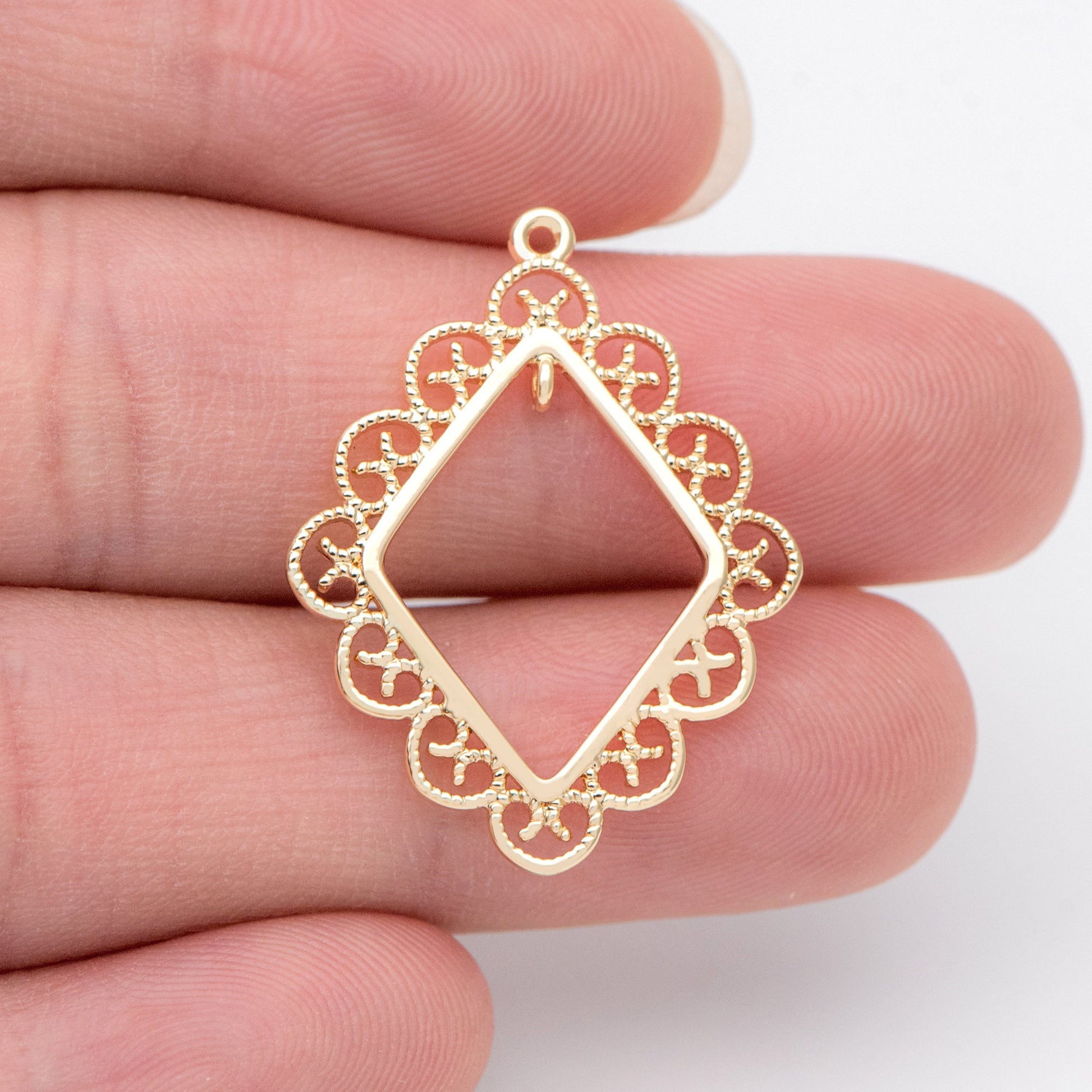 10pcs Gold plated Brass Rhombus Charms 29x22mm, Filigree Geometric Connector Pendants, Dangle Earring Components (GB-1017)