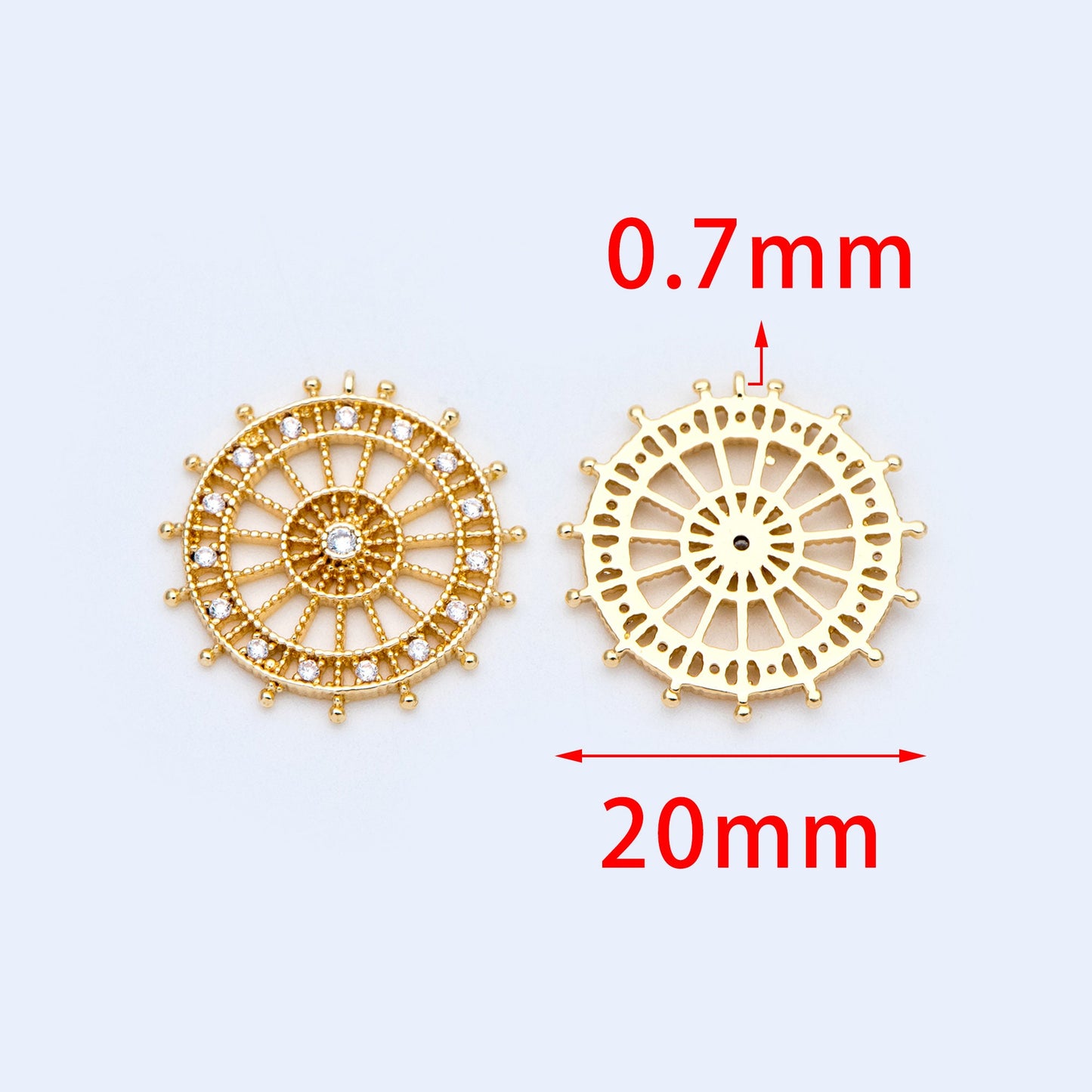 4pcs CZ pave Gold Round Charms 20mm, 18K Gold plated Brass, Filigree Pendant Connectors (GB-1018)