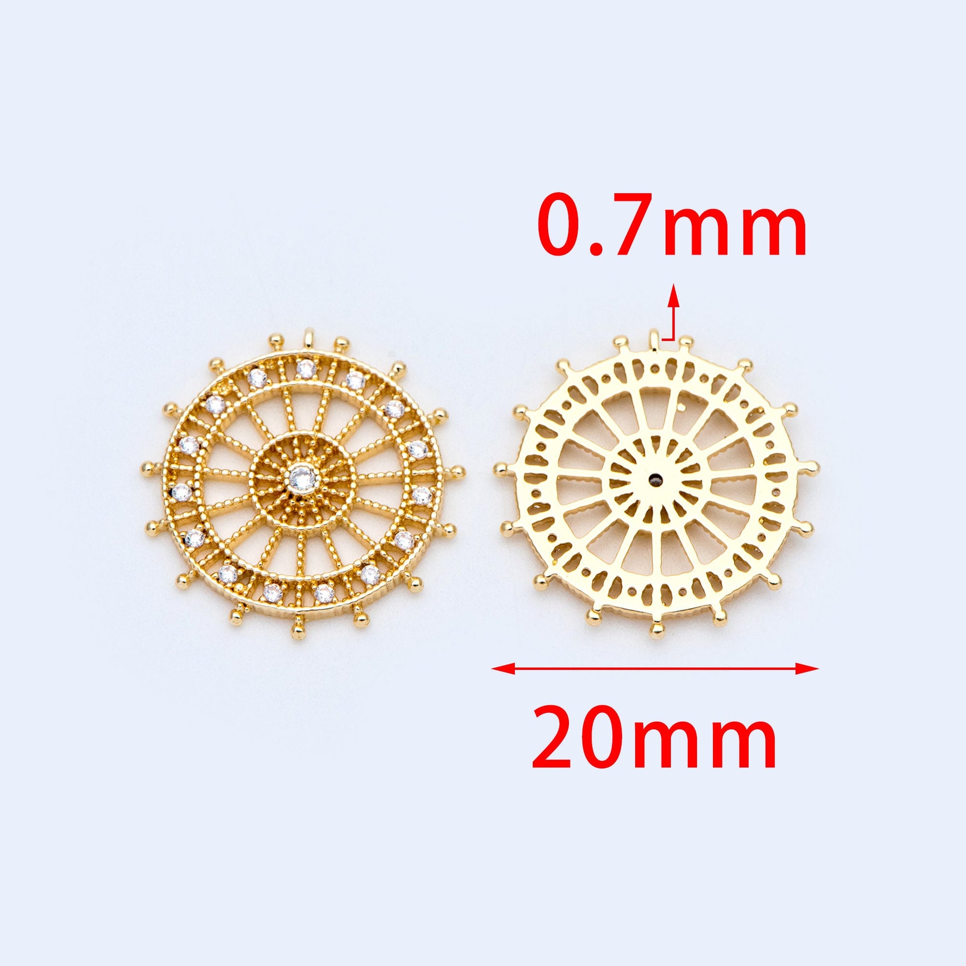 4pcs CZ pave Gold Round Charms 20mm, 18K Gold plated Brass, Filigree Pendant Connectors (GB-1018)
