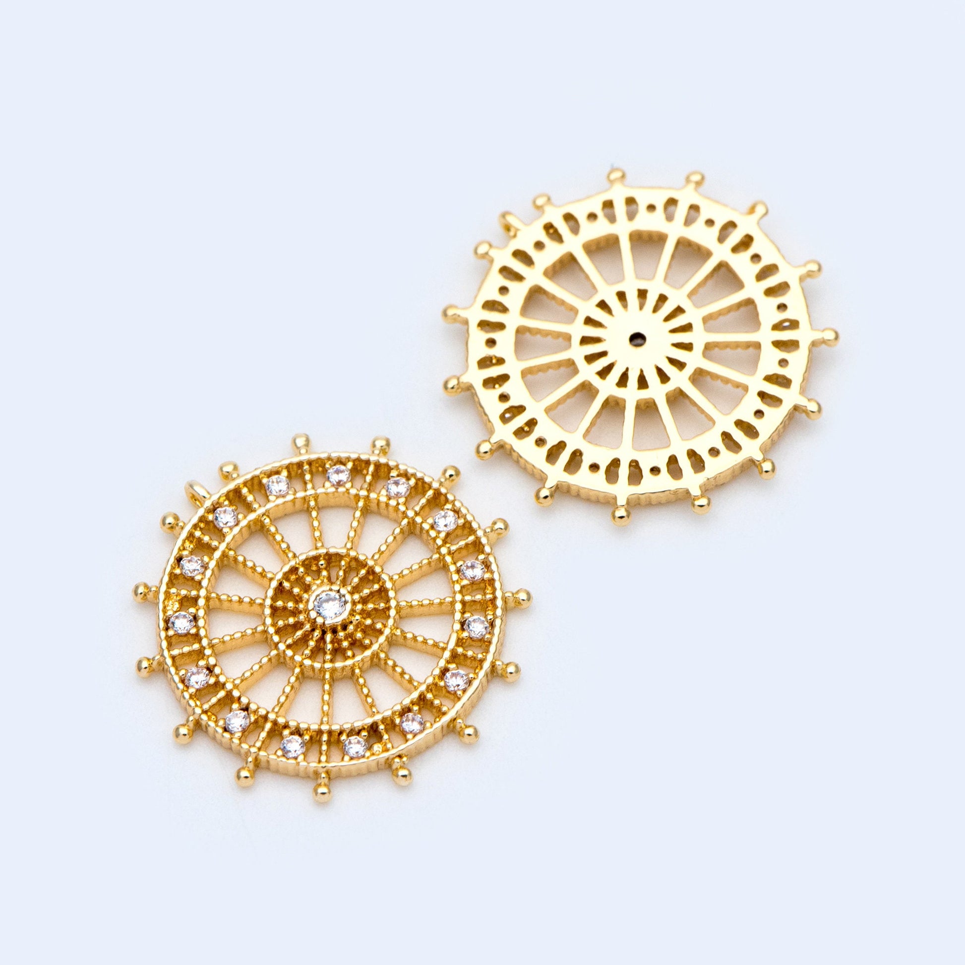 4pcs CZ pave Gold Round Charms 20mm, 18K Gold plated Brass, Filigree Pendant Connectors (GB-1018)