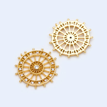 4pcs CZ pave Gold Round Charms 20mm, 18K Gold plated Brass, Filigree Pendant Connectors (GB-1018)