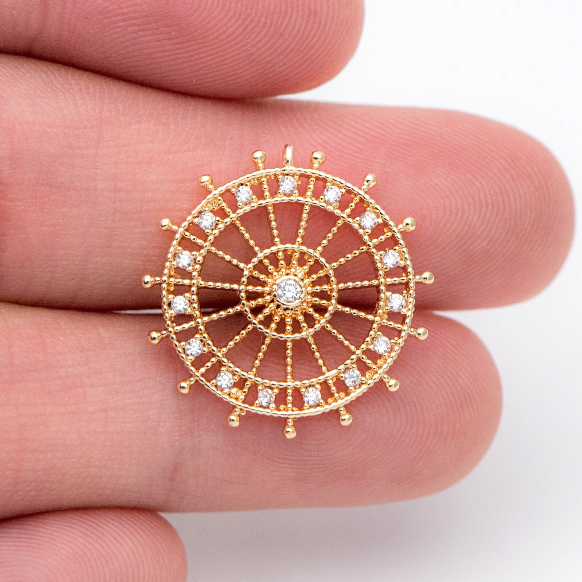 4pcs CZ pave Gold Round Charms 20mm, 18K Gold plated Brass, Filigree Pendant Connectors (GB-1018)