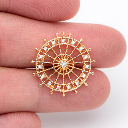 4pcs CZ pave Gold Round Charms 20mm, 18K Gold plated Brass, Filigree Pendant Connectors (GB-1018)