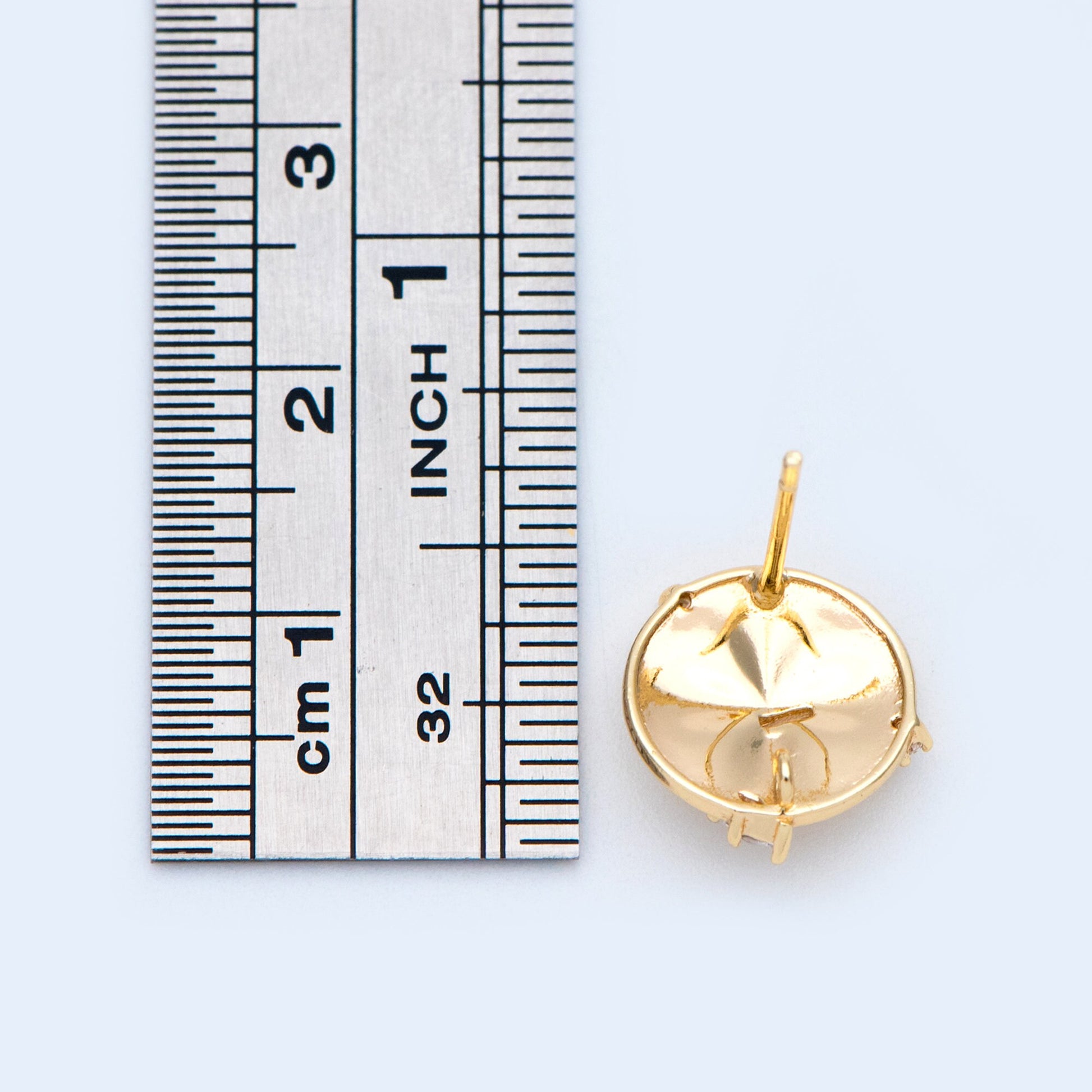 10pcs Gold Round Disc Ear Post with Loop, 11mm, 18K Gold plated Brass, CZ pave Stud Earring Components (GB-1020)