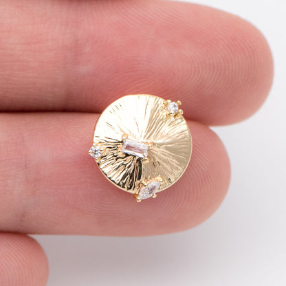 10pcs Gold Round Disc Ear Post with Loop, 11mm, 18K Gold plated Brass, CZ pave Stud Earring Components (GB-1020)
