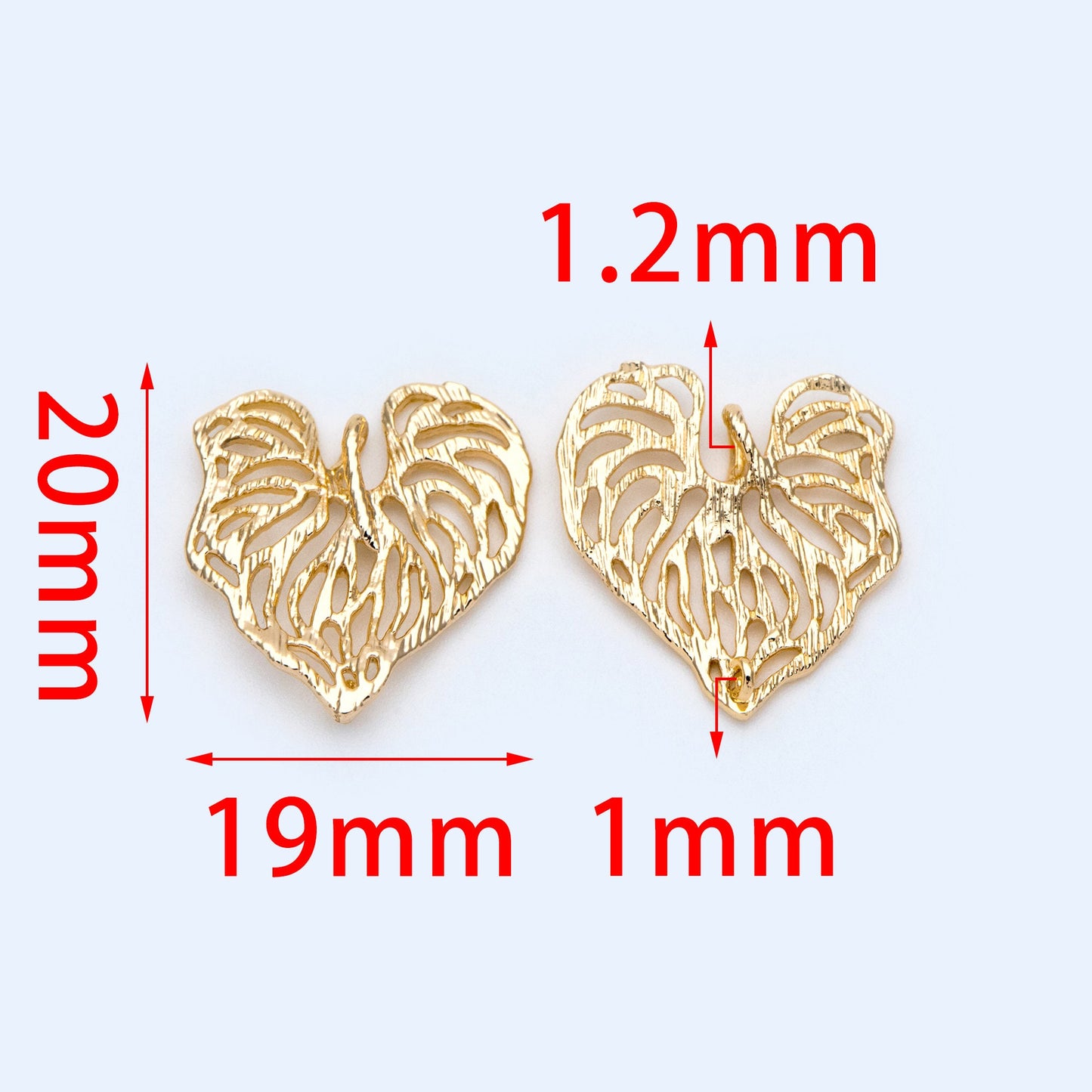 10pcs Gold Heart Leaf Pendants 20x19mm, 18K Gold plated Brass Connectors, Filigree Hollow Leaf Charms (GB-4391-I)