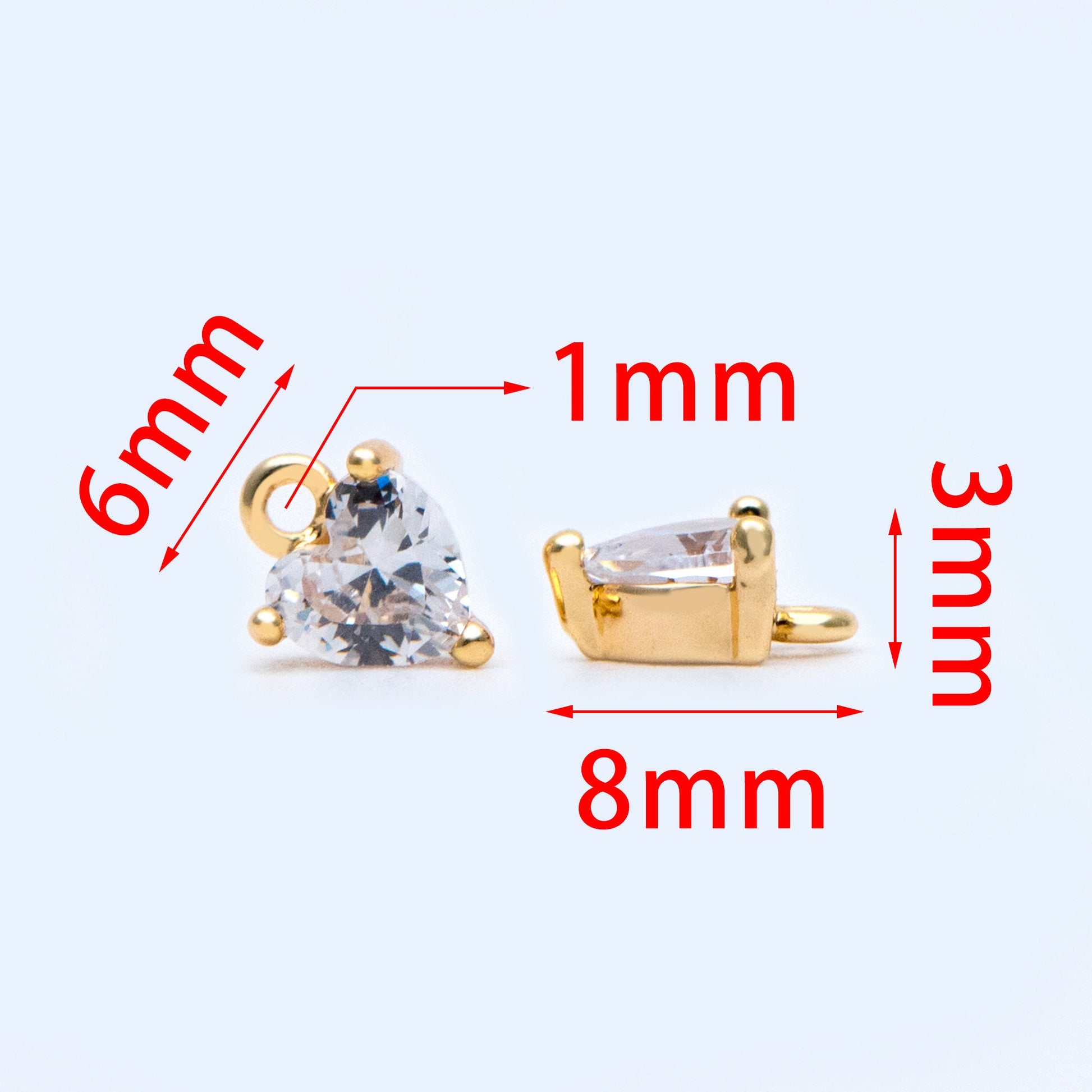 4pcs CZ pave Gold/ Silver tone Heart Charms 8x6mm, Gold/ Rhodium Plated Brass Heart Pendants (GB-2782-A)
