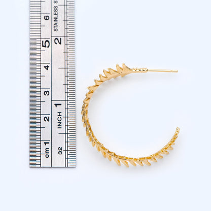 4pcs Gold / Silver Tone Feather Earring Studs 34mm, 18K Gold/ Rhodium plated Brass, Round Circle Leaf Earring (GB-1050)