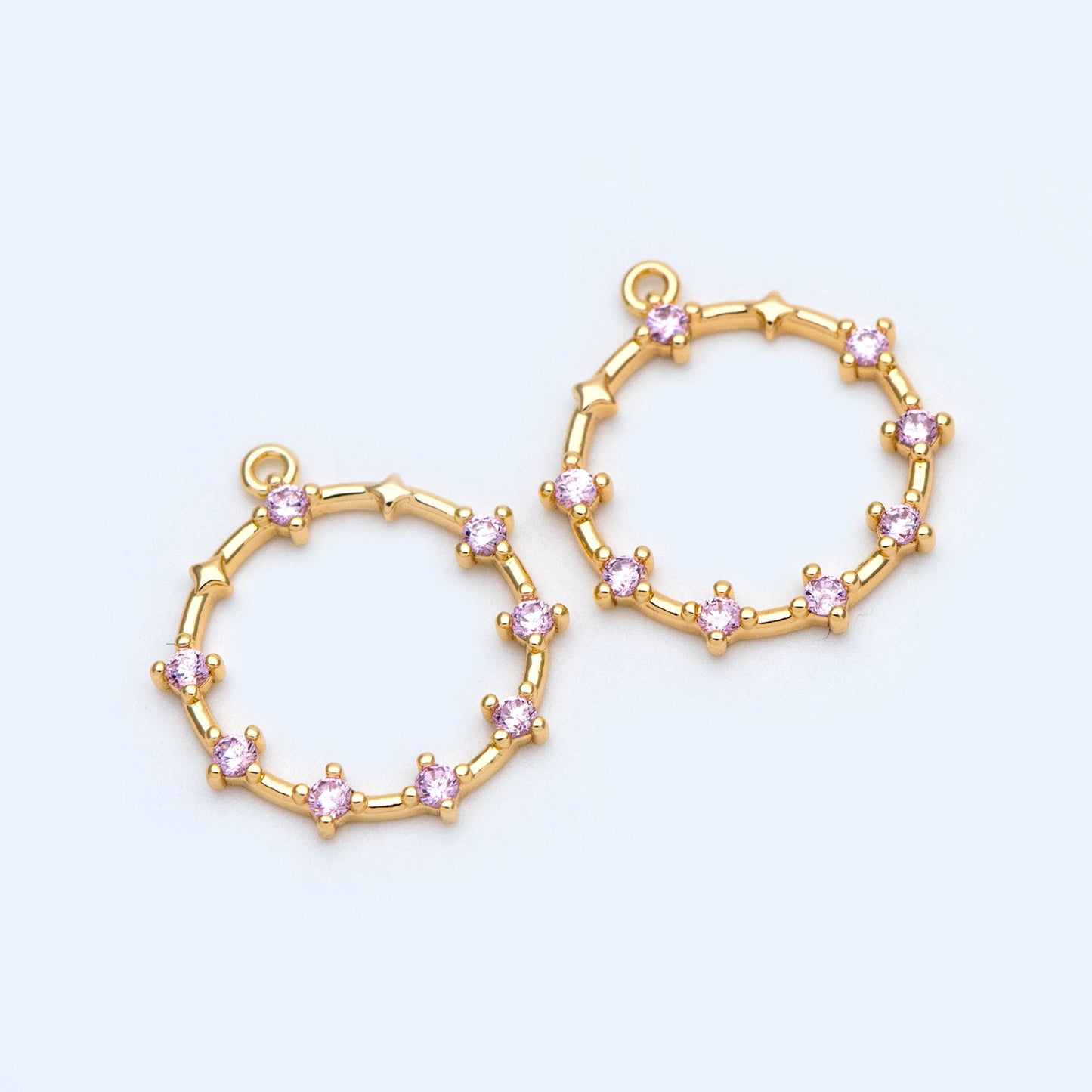 10pcs Pink CZ pave Gold Ring Pendants 21x18mm, 18K Gold plated Brass, Rhinestone Round Loop Circle Charms (GB-869-2)