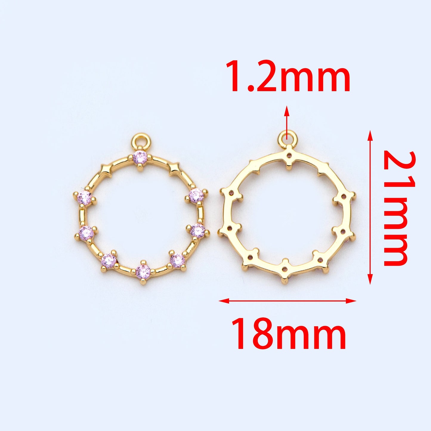 10pcs Pink CZ pave Gold Ring Pendants 21x18mm, 18K Gold plated Brass, Rhinestone Round Loop Circle Charms (GB-869-2)