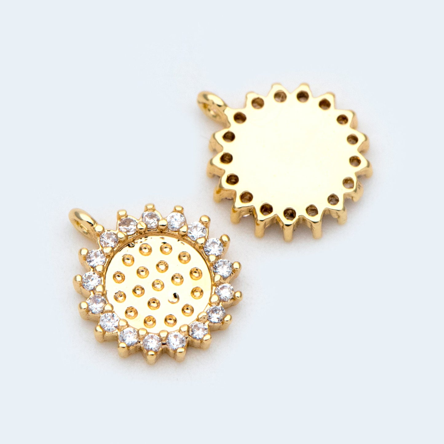 10pcs CZ Pave Gold Round Sunflower Charms 10x9mm, 18K Gold plated Brass, Disk Sun Pendants (GB-1058)
