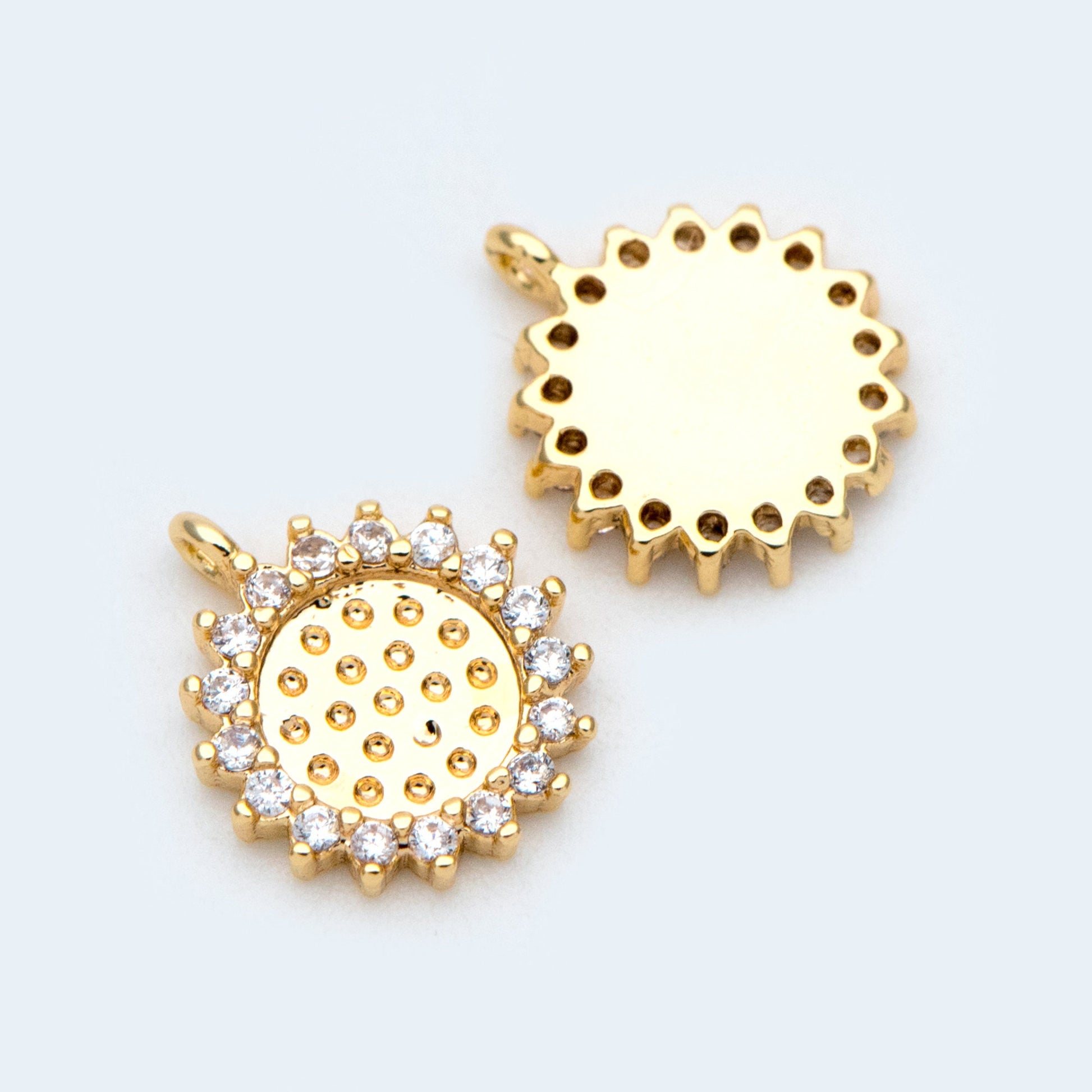 10pcs CZ Pave Gold Round Sunflower Charms 10x9mm, 18K Gold plated Brass, Disk Sun Pendants (GB-1058)