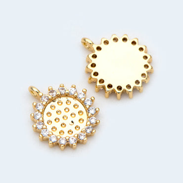 10pcs CZ Pave Gold Round Sunflower Charms 10x9mm, 18K Gold plated Brass, Disk Sun Pendants (GB-1058)