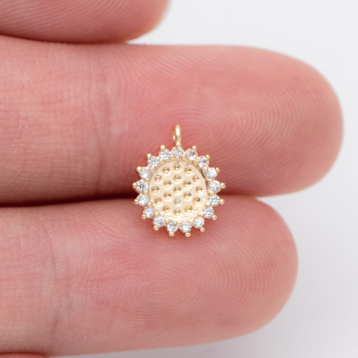 10pcs CZ Pave Gold Round Sunflower Charms 10x9mm, 18K Gold plated Brass, Disk Sun Pendants (GB-1058)