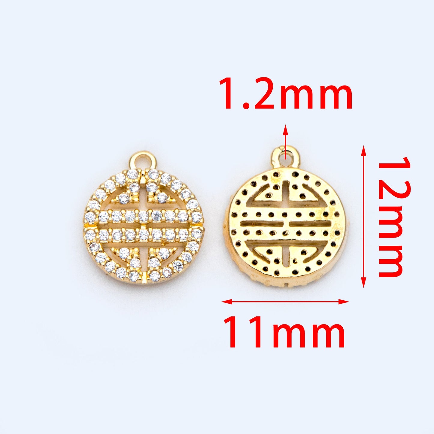 4pcs CZ Pave Gold Round Charms 11x12mm, 18K Gold plated Brass, Round Disk Pendants (GB-3464-B)