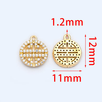 4pcs CZ Pave Gold Round Charms 11x12mm, 18K Gold plated Brass, Round Disk Pendants (GB-3464-B)