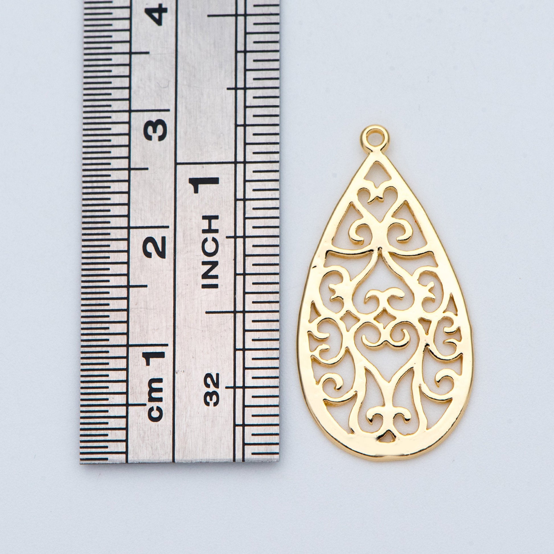 10pcs Gold Teardrop Charms 28x15mm, 18K Gold plated Brass, Filigree Drop Pendants (GB-839)