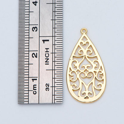10pcs Gold Teardrop Charms 28x15mm, 18K Gold plated Brass, Filigree Drop Pendants (GB-839)