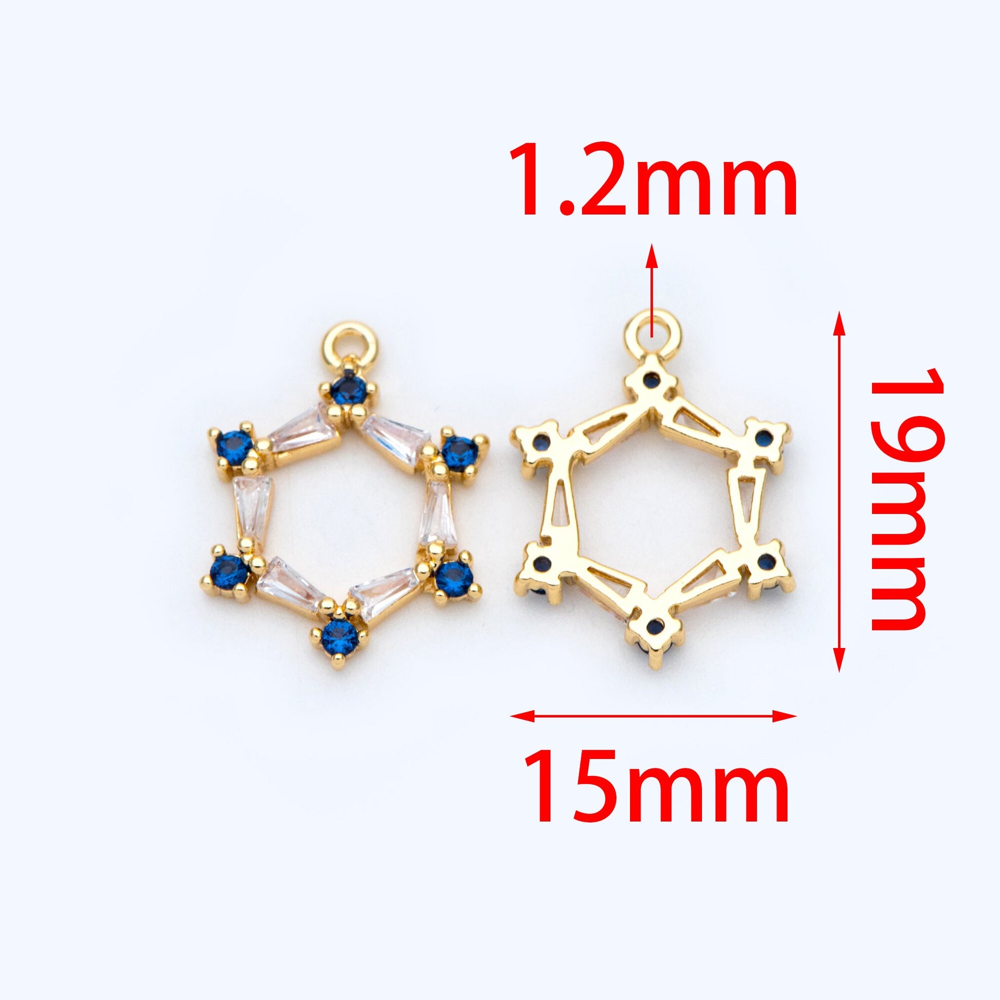 10pcs CZ pave Gold Hexagon Pendants 15mm, 18K Gold plated Brass, Blue Rhinestone Geometric Charms (GB-863)