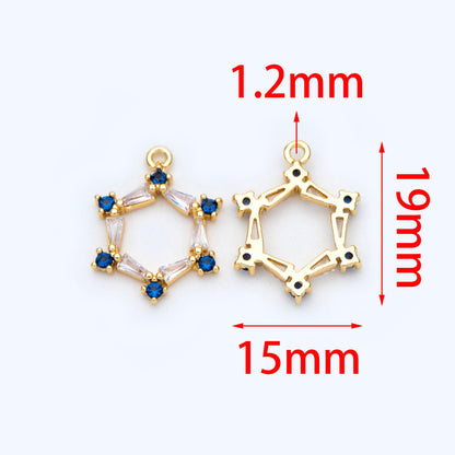 10pcs CZ pave Gold Hexagon Pendants 15mm, 18K Gold plated Brass, Blue Rhinestone Geometric Charms (GB-863)