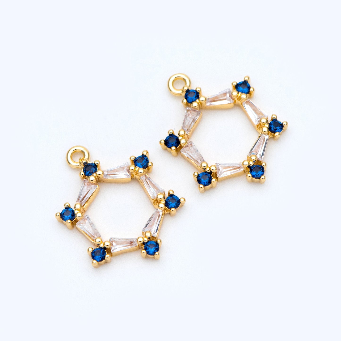 10pcs CZ pave Gold Hexagon Pendants 15mm, 18K Gold plated Brass, Blue Rhinestone Geometric Charms (GB-863)